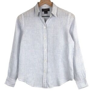 BROOKS BROTHERS 100% Irish Linen Shirt Women's Sz 4 White Blue Windowpane L/S